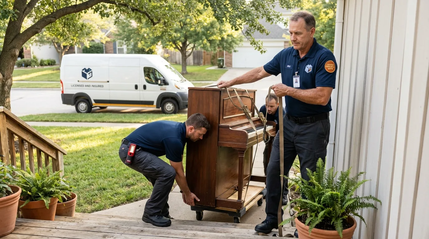Licensed piano movers securing grand piano in Sewaren, NJ