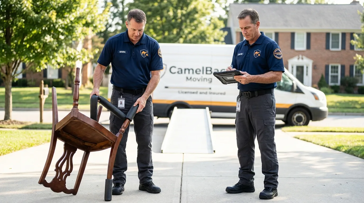 Movers inspecting furniture for damage prevention before loading in Sewaren, NJ