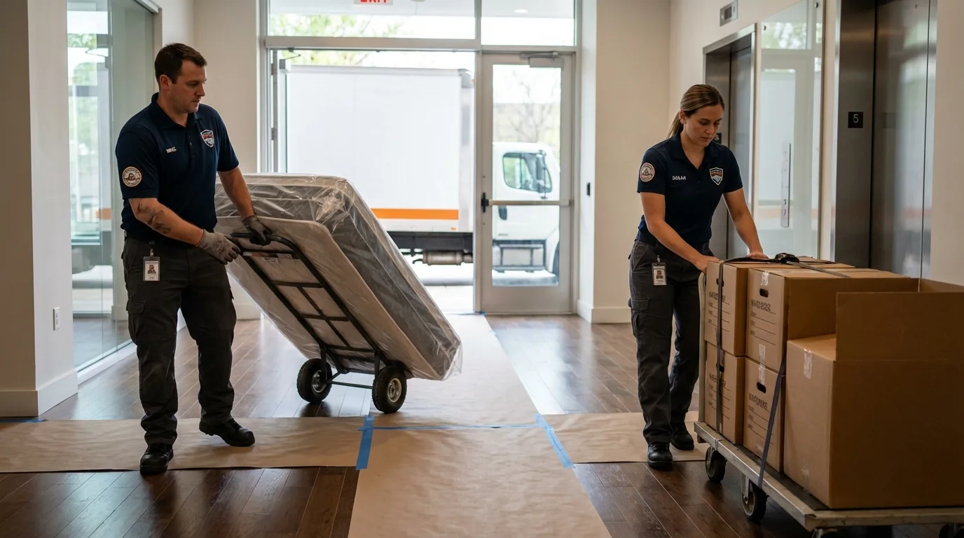 Professional apartment movers loading elevator in Sewaren, NJ